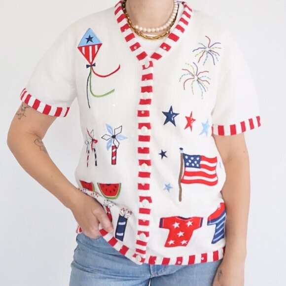 The Quacker Factory White Knit Red Patriotic USA Independence Day Cardigan S - Picture 1 of 11